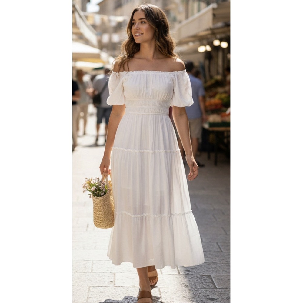 Trixxi‎ Smocked Puff Sleeve Maxi Womens Size S White Tiered Cottagecore Romantic